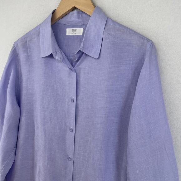 UNIQLO Top Womens XL 100% Linen Long Sleeve Button Front Shirt Blouse Purple - Picture 4 of 15